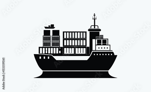 Cargo ship silhouette, container vessel icon, freight transport vector, maritime shipping graphic