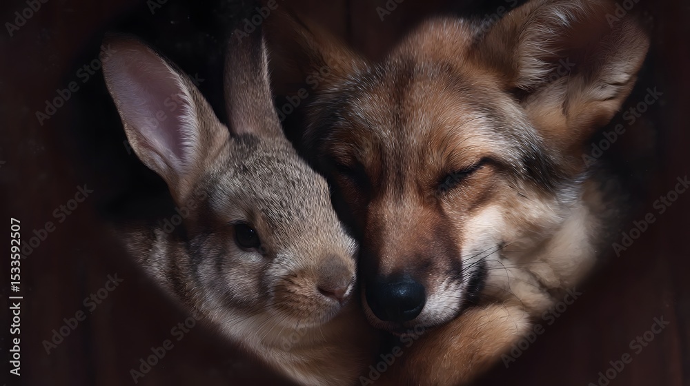 Fototapeta premium Two animals cuddling in a heart shaped frame