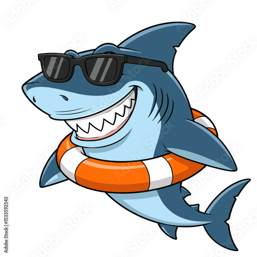 Funny cartoon shark wearing sunglasses and lifebuoy in summer theme