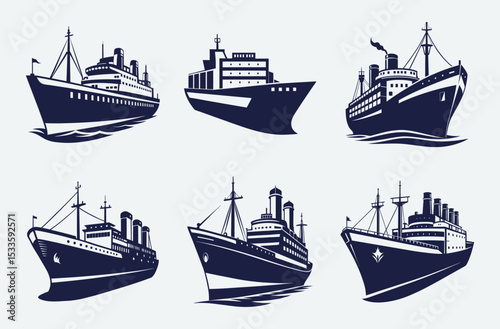 Cargo ship silhouette, Cargo ship set, container vessel icon, freight transport vector, maritime shipping graphic