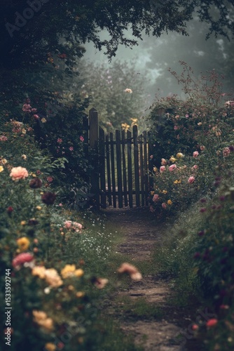 Misty garden path with a wooden gate. Lush, overgrown floral pathway leads to a dark wooden gate, obscured by fog. Vibrant roses and other flowers bloom along the path