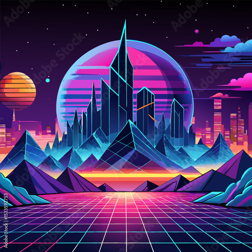 Retro‑Futuristic Surreal Cityscape Vector  Dreamy retro-futuristic city skyline against cosmic skies with neon lighting and floating geometry. Perfect surreal vector for posters, album covers, and sci