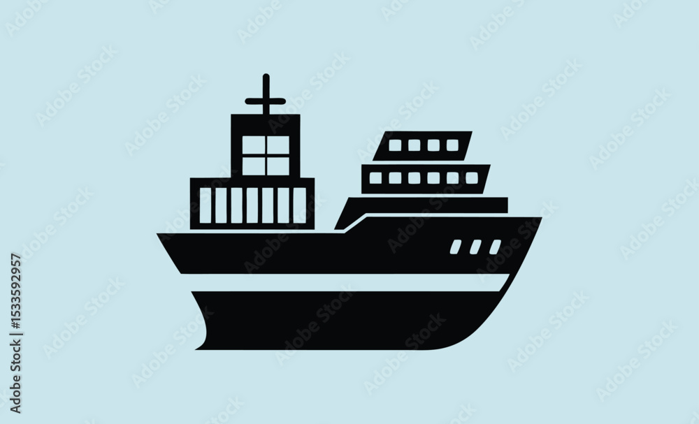 Obraz premium Cargo ship silhouette, container vessel icon, freight transport vector, maritime shipping graphic