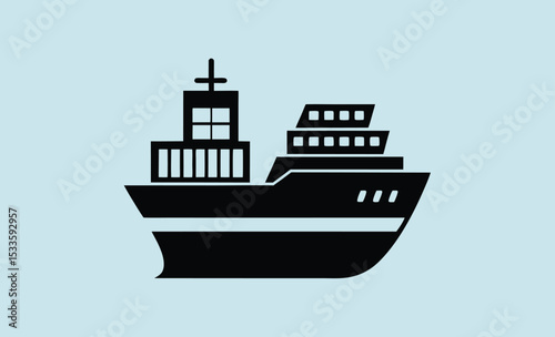 Cargo ship silhouette, container vessel icon, freight transport vector, maritime shipping graphic
