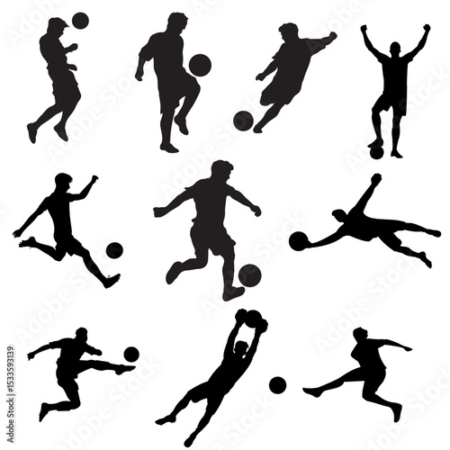 Silhouette set of football players in action—kicking, dribbling, passing, and celebrating. Ideal for sports posters, team graphics, tournaments, and athletic-themed designs.