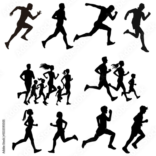 Dynamic silhouette set of runners in various poses, sprinting, jogging, and racing. Perfect for sports, fitness, marathon, and athletic-themed designs and illustrations.
