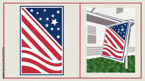 Two panels displaying an american flag design one on its own and one in a yard near a house design