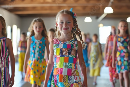 Childrena??s fashion show at a local community center, featuring kids in colorful, playful outfits walking the runway.