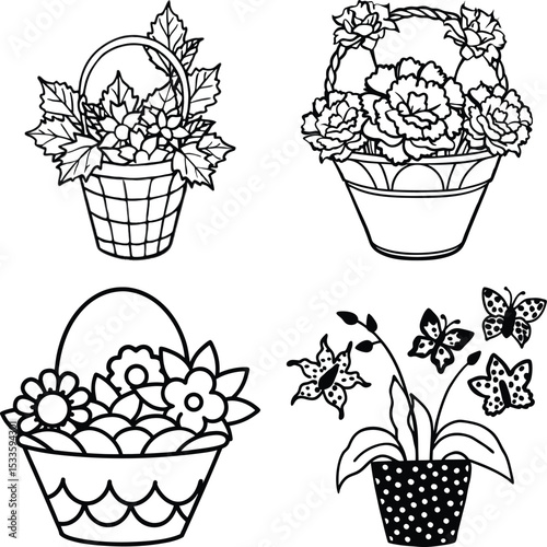 Set of house plants in pots. Collection of different decor house. Plants decorative container and hanging styling indoor basket for potting tree urban garden. Flat cartoon vector illustration.
