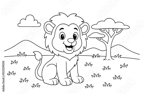 Coloring page of cute lion for kids coloring book