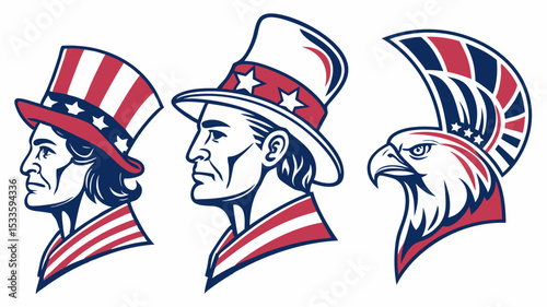 Three patriotic figures: two men in striped hats and an eagle with a striped headdress design vector