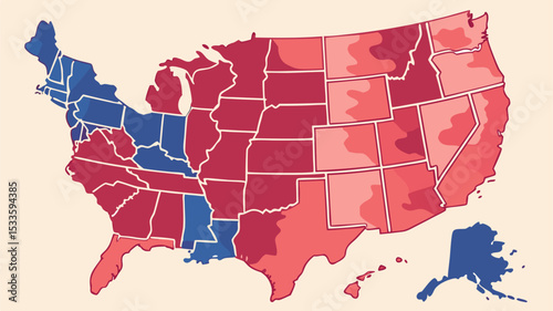 United states map displaying political divisions with states colored in shades of red and blue hues colors