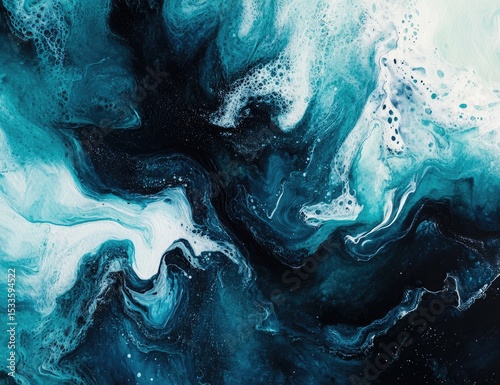 Abstract swirls of teal, white, and dark blue paint