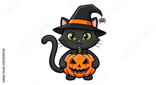 Halloween Cat with Pumpkin - Flat Cartoon