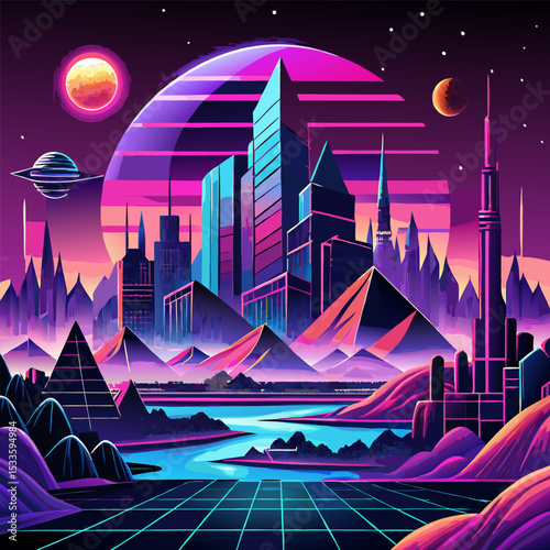 Retro‑Futuristic Surreal Cityscape Vector  Dreamy retro-futuristic city skyline against cosmic skies with neon lighting and floating geometry. Perfect surreal vector for posters, album covers, and sci