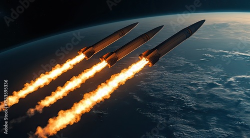 Three missiles launch from Earth's orbit, fiery trails against a dark backdrop