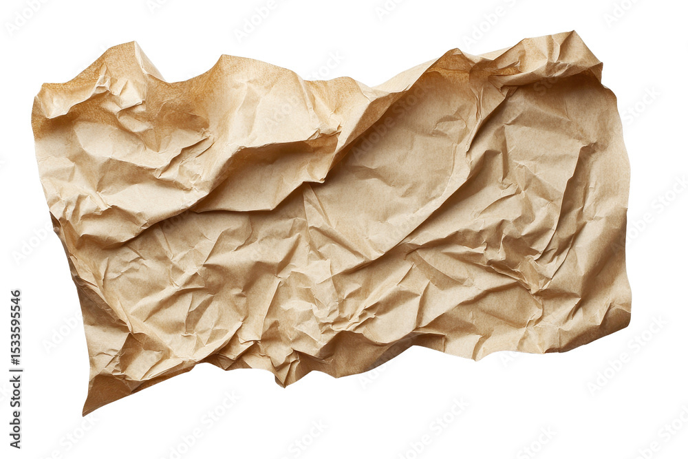 Obraz premium Crumpled brown paper isolated on a transparent background highlighting its texture and form for creative applications or artistic expressions