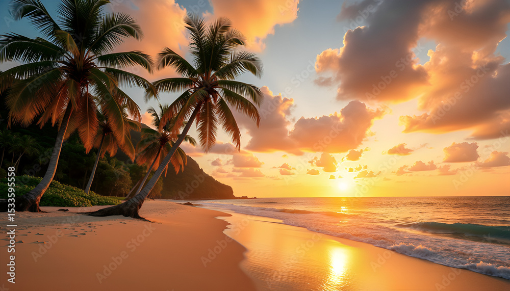 Fototapeta premium Sunset at a tropical beach in the Caribbean 