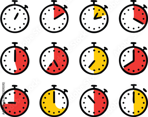 Timer and Stopwatch flat icons set. Countdown symbol set. Vector