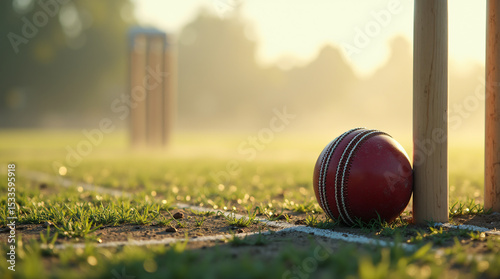 Cricket Ball and Wickets on Grassy Field