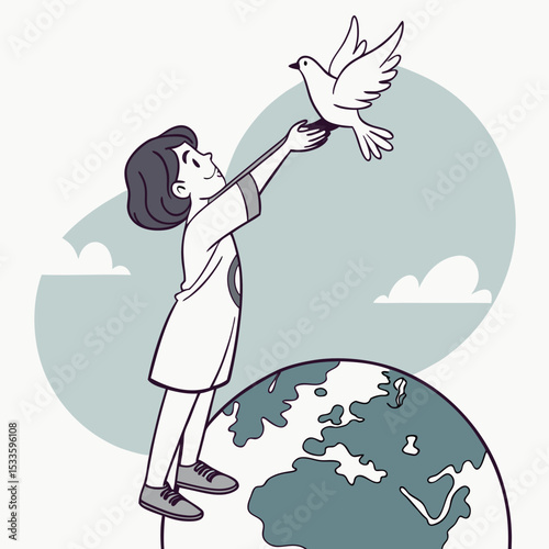 A child refugee holding a dove of peace, standing in hope, symbolising freedom, unity, and resilience, on World Refugee Day