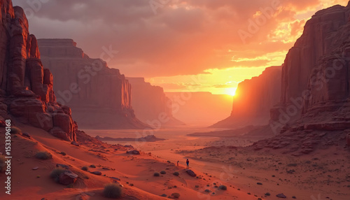 Desert Canyon Landscape with Red Rock Formations and Sunset