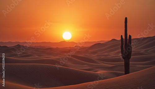 Desert Landscape with Saguaro Cactus and Sunrise.