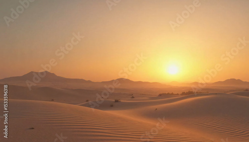 Desert Sand Dunes at Sunrise with Distant Mountains
