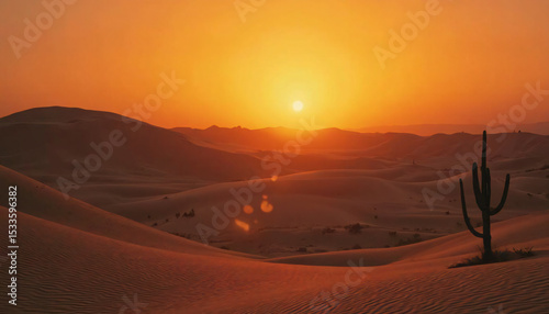 Desert Sand Dunes with Cactus at Sunset