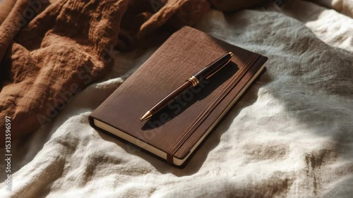 Brown leather journal with pen resting on fabric, a cozy flat lay for writing, journaling, or productivity themes