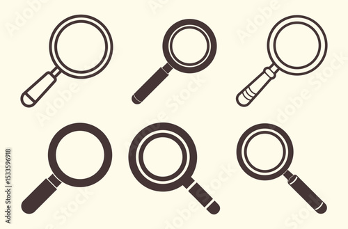 Magnifying glass icon, Magnifying glass set, question mark silhouette, search tool vector, black lens graphic, minimal inquiry symbol