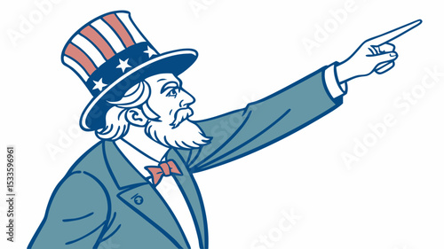 Uncle sam illustration pointing with his right hand wearing a hat with stars and stripes design on white