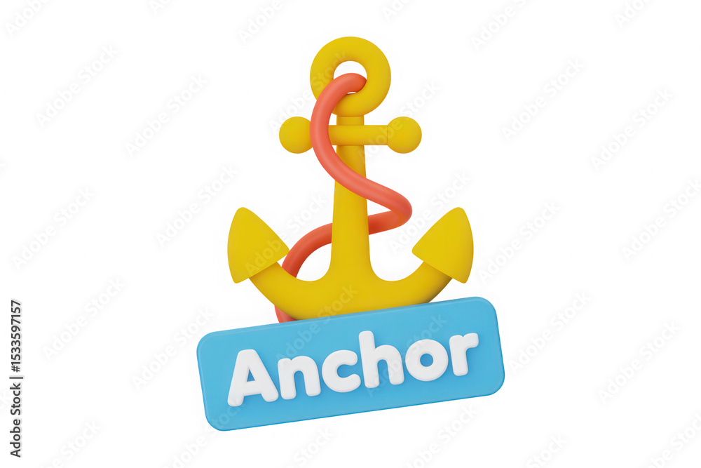 Obraz premium 3D Render of a Yellow Anchor with Coral Rope and Blue Anchor Label