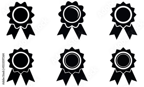 Six Black and White Rosette Award Icons with Ribbons on a White Background