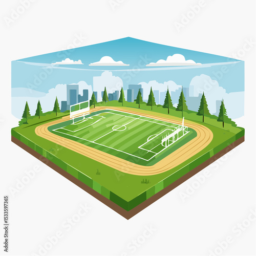 Isometric View of a Sports Field Urban Park with Running Track and Soccer Field