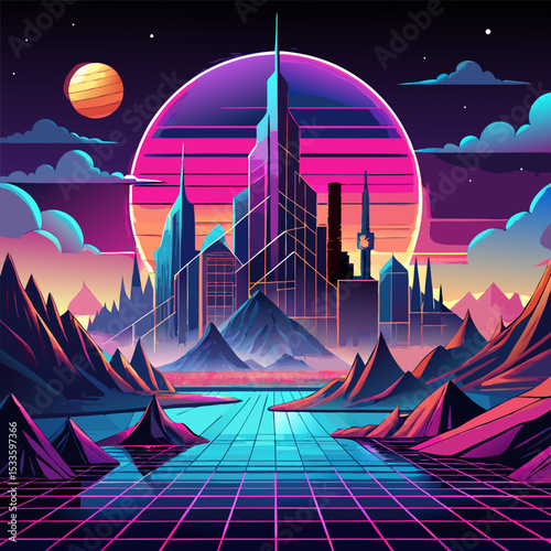 Retro‑Futuristic Surreal Cityscape Vector  Dreamy retro-futuristic city skyline against cosmic skies with neon lighting and floating geometry. Perfect surreal vector for posters, album covers, and sci