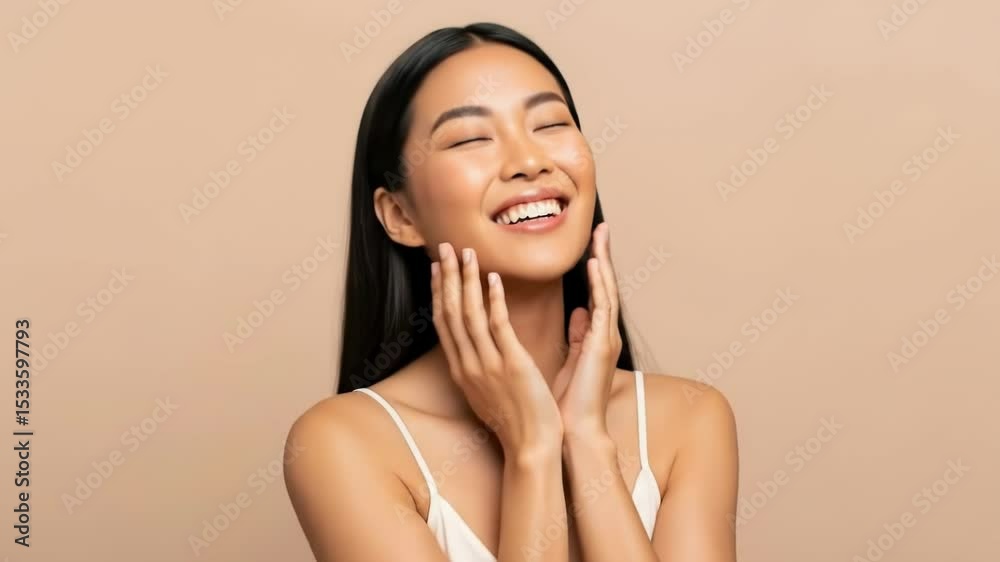 A young asian woman smiles happily while touching her face