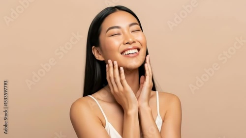 A young asian woman smiles happily while touching her face