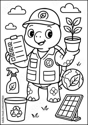 coloring page, This helpful turtle is protecting the Earth, one tree at a time. A gentle turtle picking up trash and planting a tree, wearing a recycling badge. Cartoon-style line art, bold outlines.