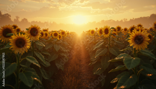 Sunflower Field Rows at Sunrise
