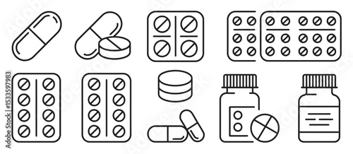 Medication Icons Pills, Capsules, Tablets, and Medicine Bottles
