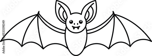 Cute Bat Line Art Vector – Smiling Flying Bat Outline Illustration