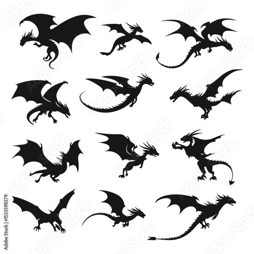 Collection of black flying dragon silhouettes on white background.