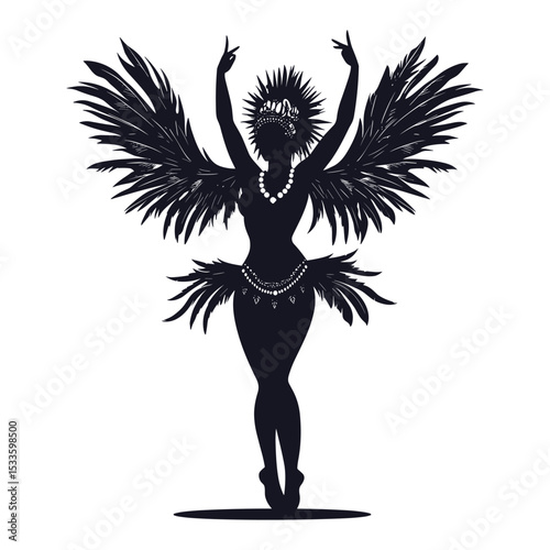 Silhouette of a samba dancer in a feather carnival costume.