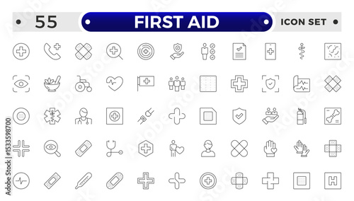First Aid outline icon set. Emergency kit icon set. Vector objects set of survival emergency kit for evacuation or disasters.