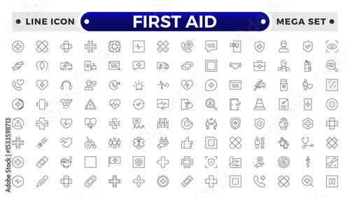 First Aid outline icon set. Emergency kit icon set. Vector objects set of survival emergency kit for evacuation or disasters.