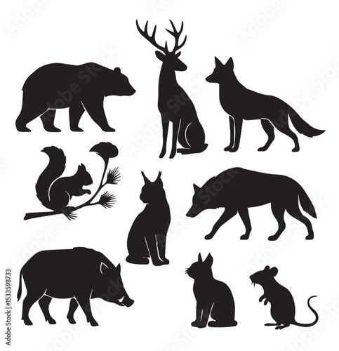 8 Animal Silhouettes Bear Deer Fox Wolf Squirrel Lynx Mouse Forest Wildlife Vector Art

