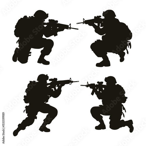 Set of soldier silhouettes in various combat positions.