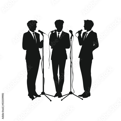 Silhouette of a male vocal trio performing with microphones.