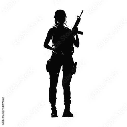 Silhouette of a female soldier standing and holding a rifle.